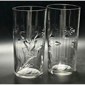 2 Depression Glass Floral Tumblers 4.75" vintage pointed flowers leaves